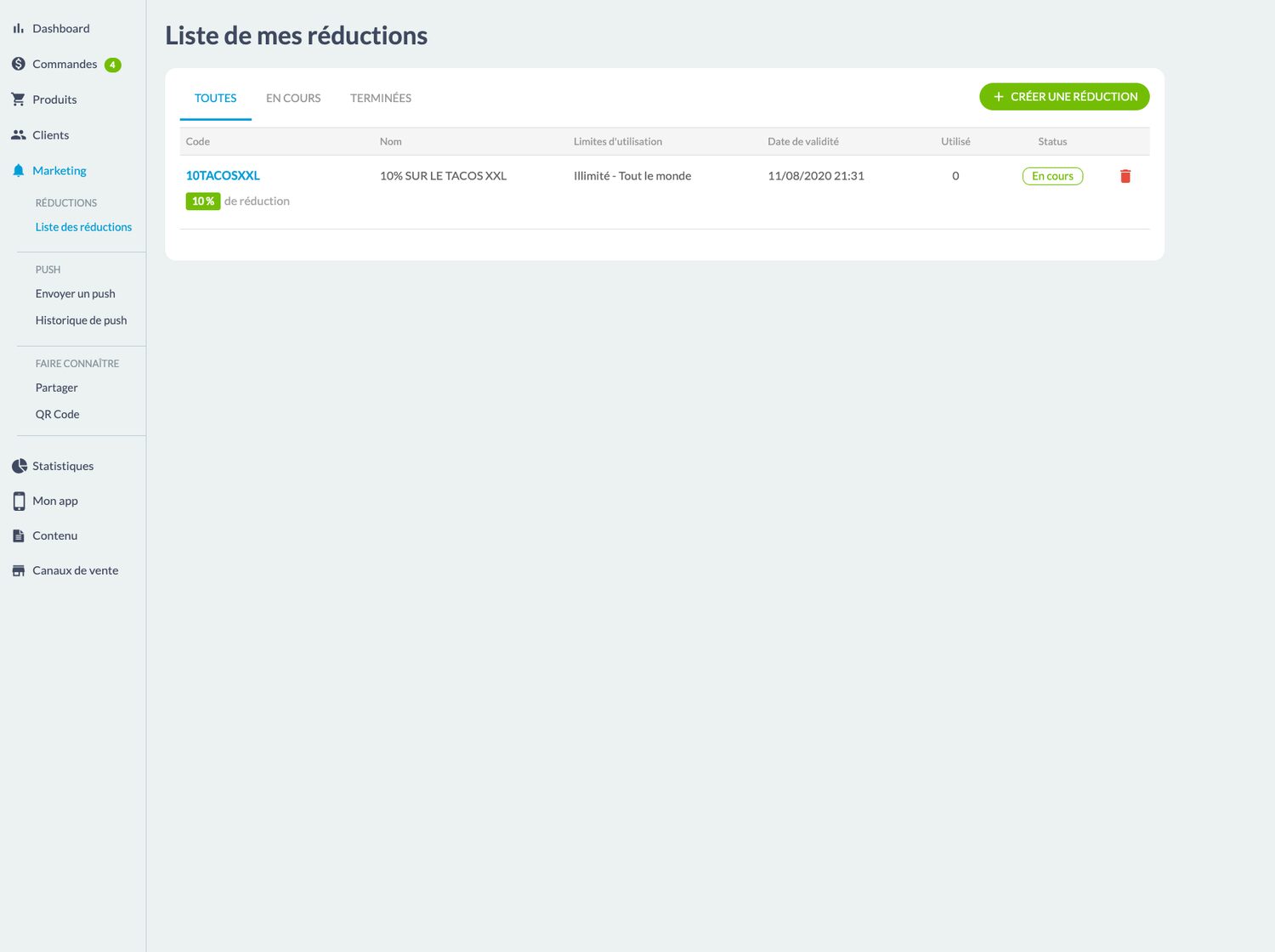 Écran du back-office Maymoune pour créer un code de réduction : remise, durée et plafond d’utilisation