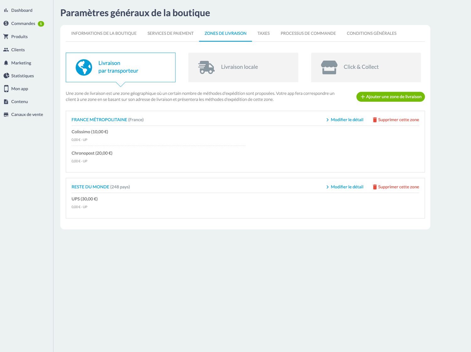 Écran du back-office Maymoune pour régler les zones de livraison : transporteur, livraison locale ou retrait en magasin, avec un tarif par zone