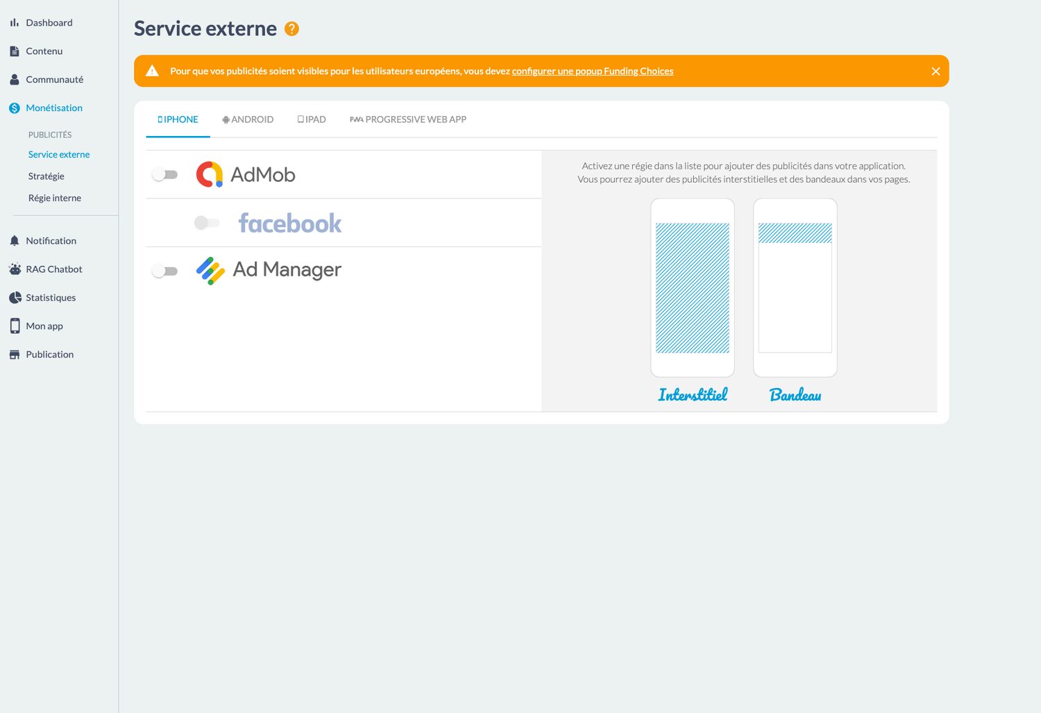 Écran du back-office Maymoune pour régler les régies publicitaires : bandeaux et interstitiels