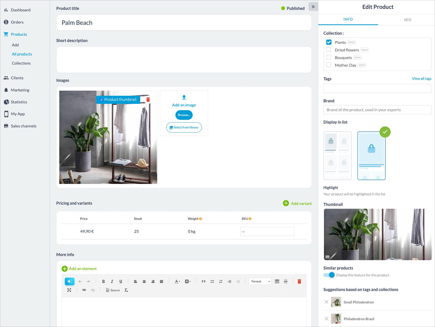 Fiche produit dans le back-office Maymoune : images, prix, variantes, stock, collections et produits similaires