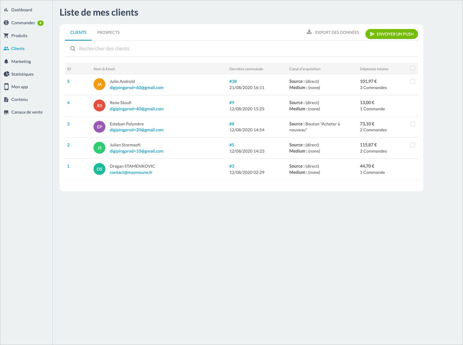 Liste des clients dans le back-office Maymoune : dernière commande, canal d’acquisition, dépenses totales et bouton d’envoi de notification