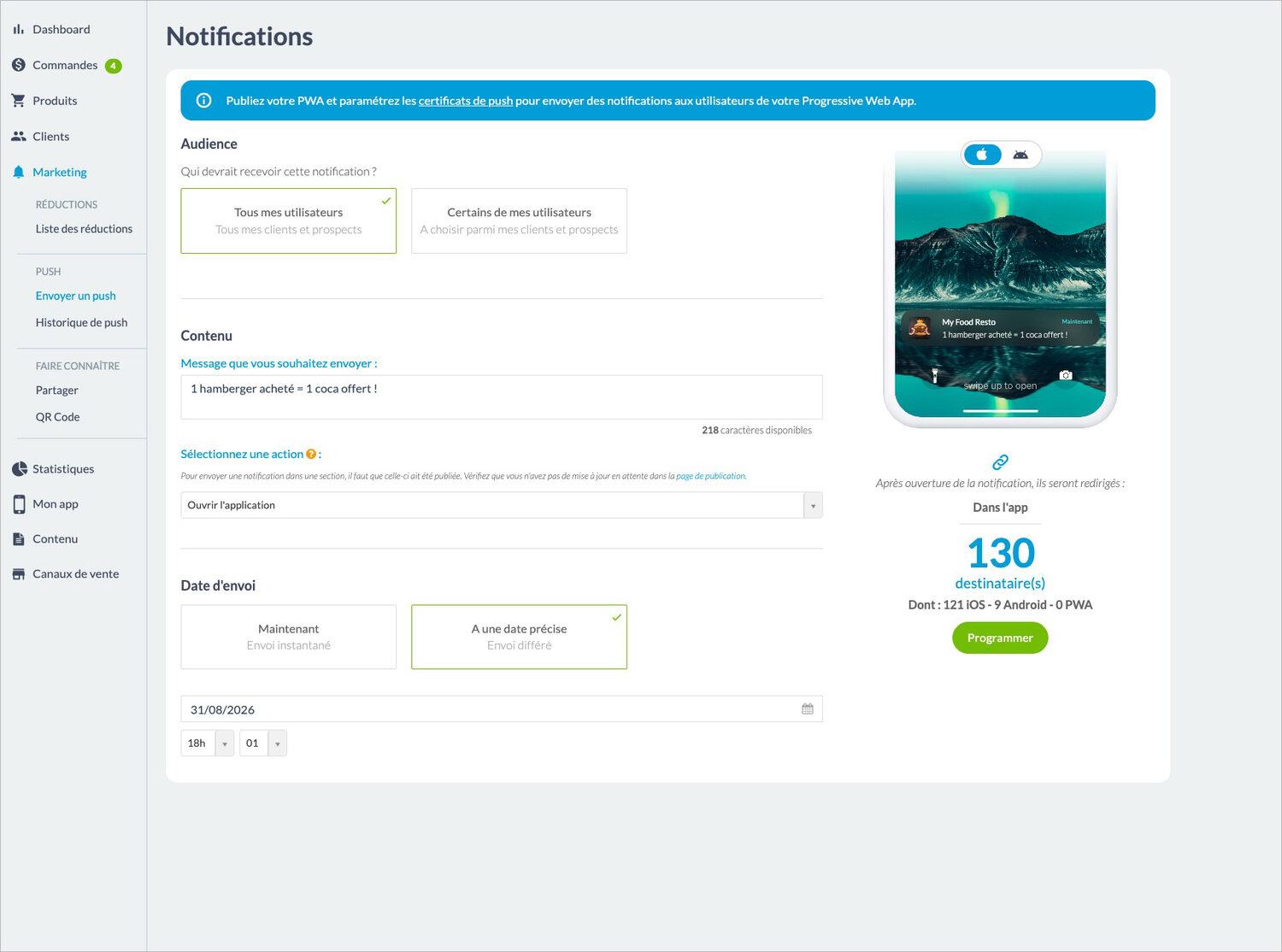Écran du back-office Maymoune pour programmer une notification : audience, message, action à l’ouverture et date d’envoi