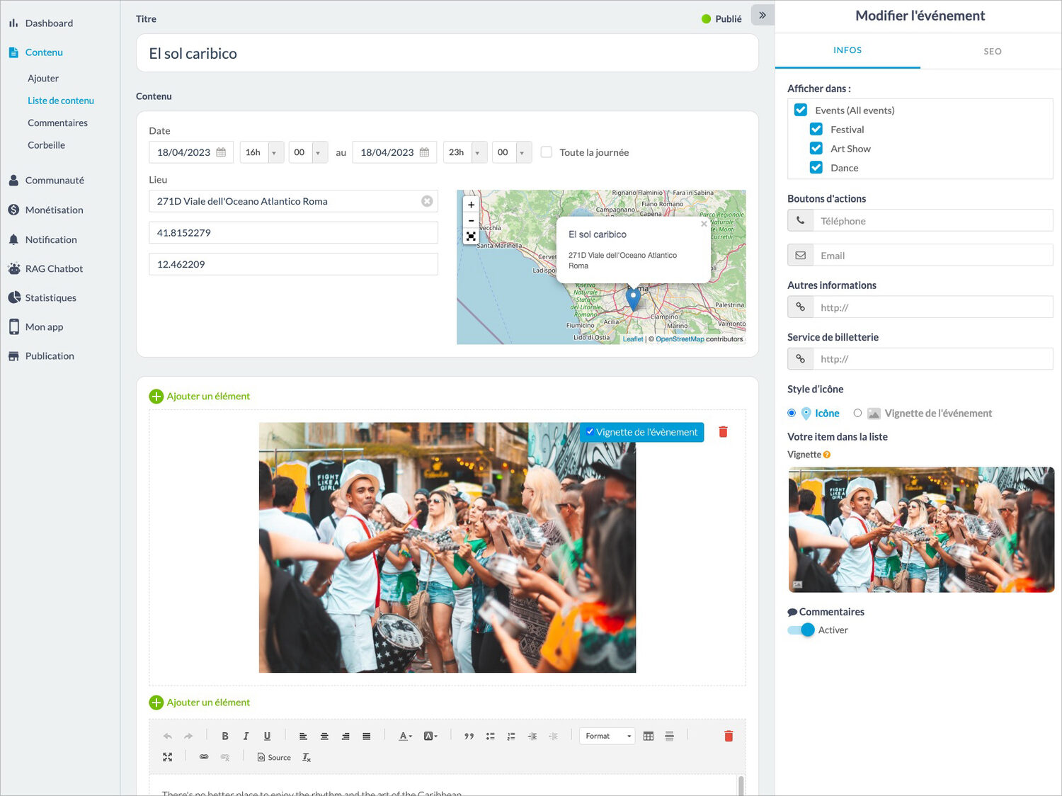 Écran du back-office Maymoune pour créer un événement : date, horaires, lieu sur la carte, boutons d’appel et lien de billetterie