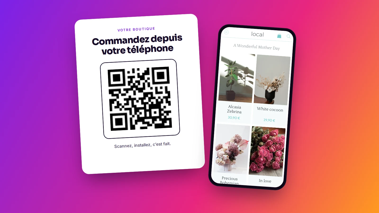 Exemple d’affichette de comptoir avec le QR code d’une application Maymoune et la phrase Commandez depuis votre téléphone, à côté de l’application ouverte sur un téléphone