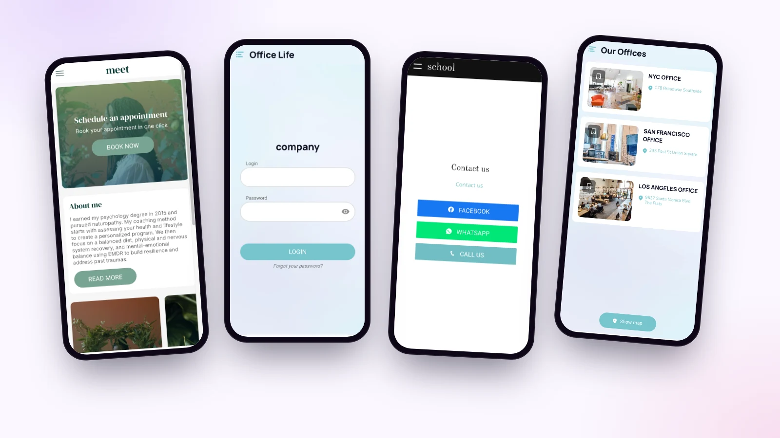 Quatre écrans de démos Maymoune utiles pour un cabinet : une prise de rendez-vous, une connexion à l’espace client, une page de contact avec appel et WhatsApp, et la liste des bureaux avec leurs adresses