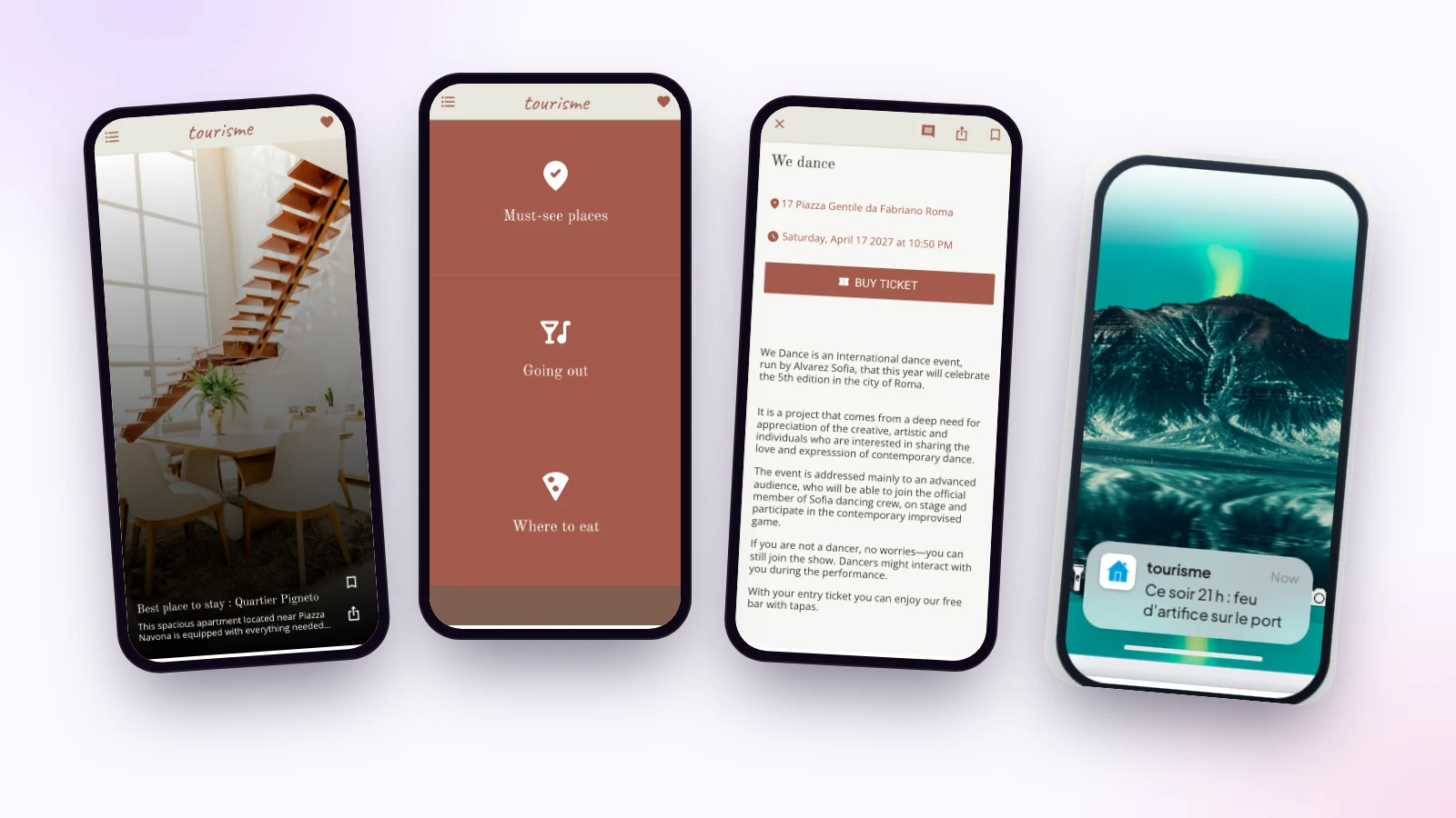 Quatre écrans de la démo tourisme Maymoune : un hébergement en photo, un guide avec les lieux à voir, les sorties et les restaurants, un événement et une notification reçue sur un téléphone