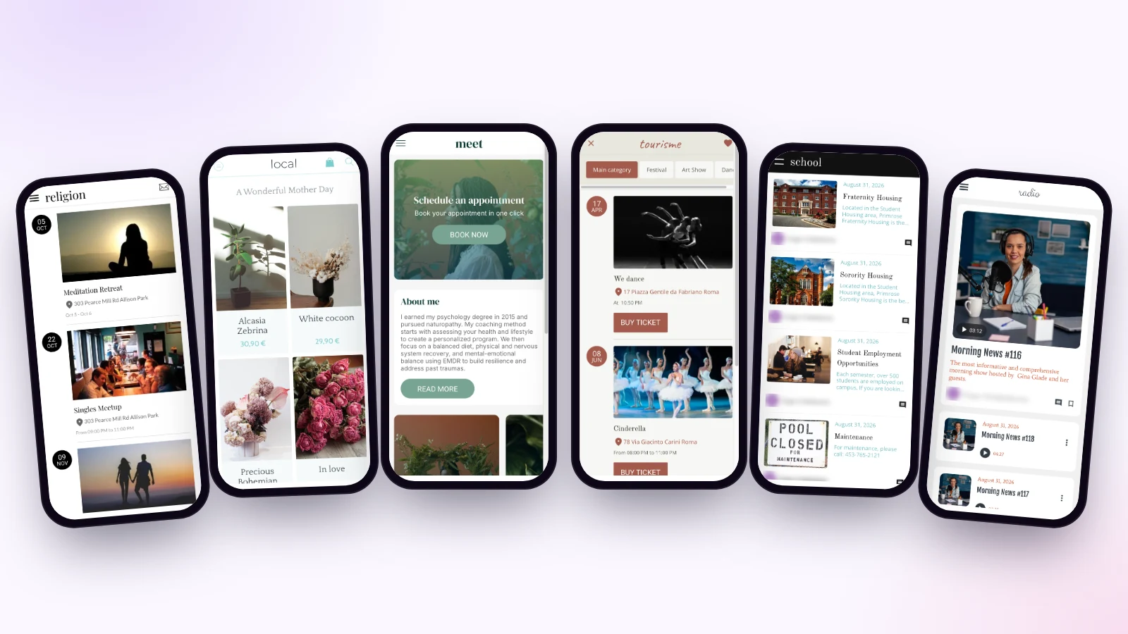 Six applications Maymoune pour six métiers : une paroisse, un fleuriste, un thérapeute, une salle de spectacle, une école et une radio