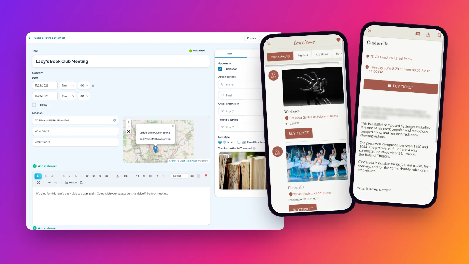 Éditeur d’événement du back-office Maymoune avec la date, le lieu sur une carte et un champ billetterie, à côté du programme et d’une fiche spectacle avec le bouton d’achat de billets
