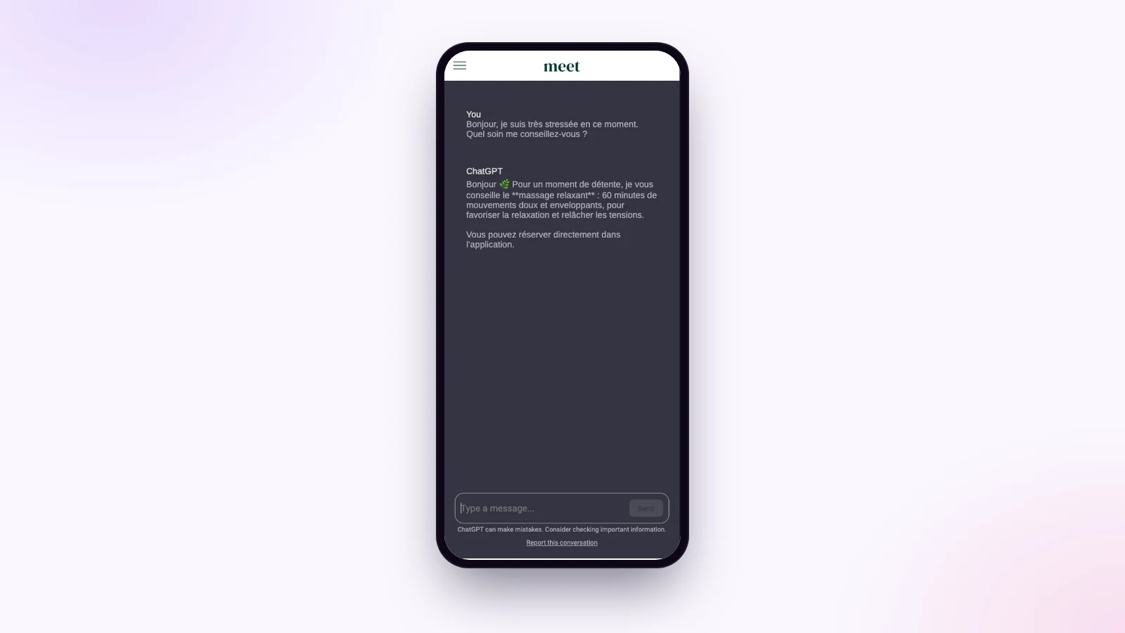 Conversation avec l’assistant ChatGPT dans une application Maymoune : une cliente demande quel soin choisir, l’assistant conseille un massage relaxant et invite à réserver