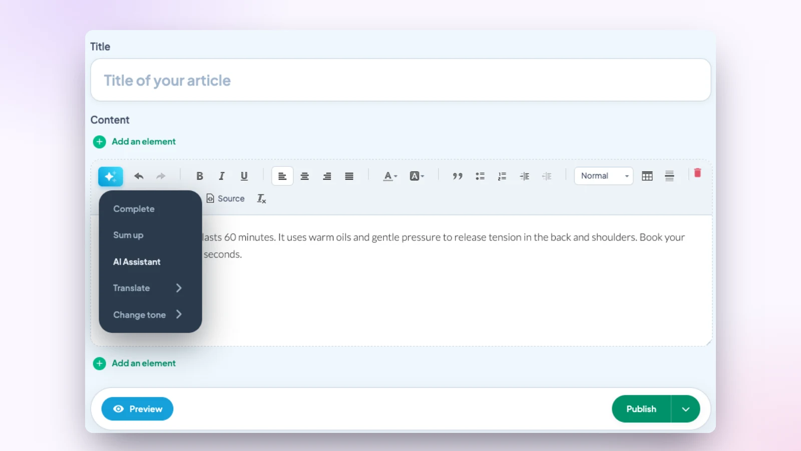 Éditeur d’article du back-office Maymoune avec le menu de l’assistant IA ouvert : compléter, résumer, assistant IA, traduire et changer de ton