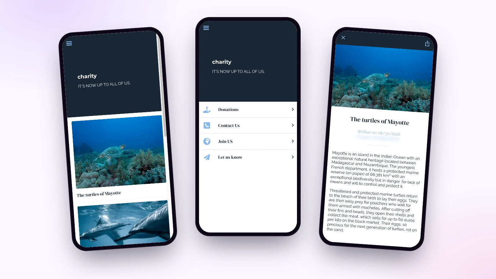 Trois écrans de la démo d’application caritative Maymoune : la liste des causes, la page pour agir avec le bouton de dons, et l’article sur les tortues de Mayotte