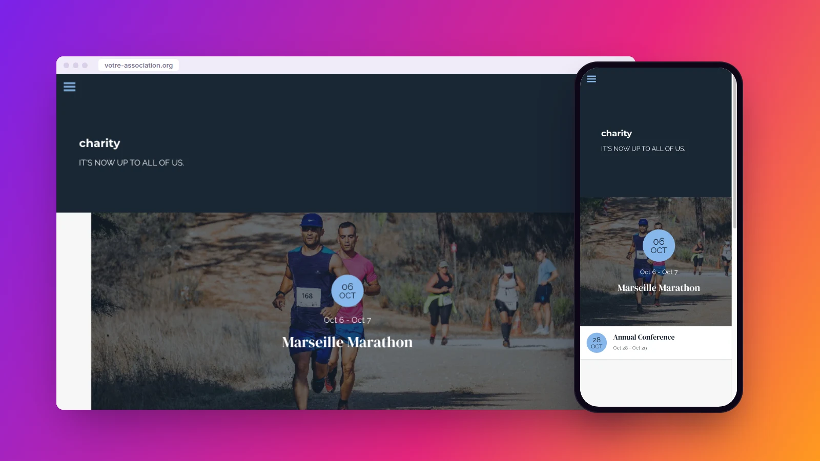 La démo d’application caritative Maymoune sur ordinateur et sur téléphone, avec l’agenda des événements de l’association