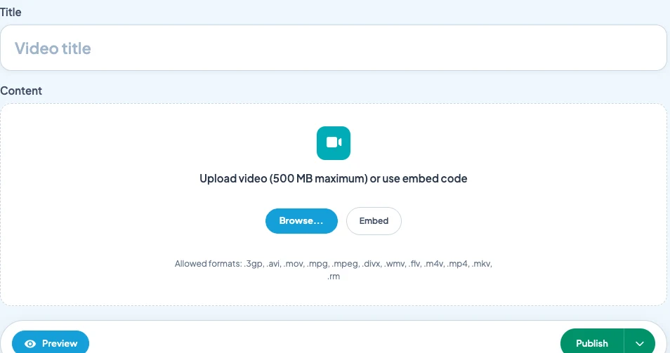 Back-office Maymoune : l’ajout d’une vidéo avec le titre, l’import d’un fichier jusqu’à 500 Mo ou un code d’intégration, et les formats acceptés