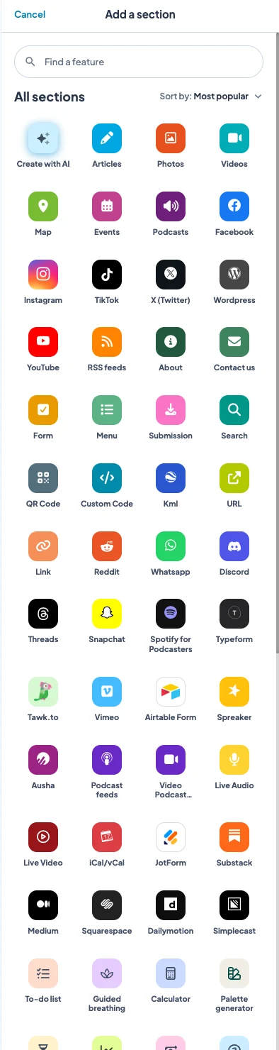 Back-office Maymoune : le catalogue des rubriques à ajouter, avec articles, vidéos, carte, événements, podcasts, réseaux sociaux, WordPress, YouTube et flux RSS