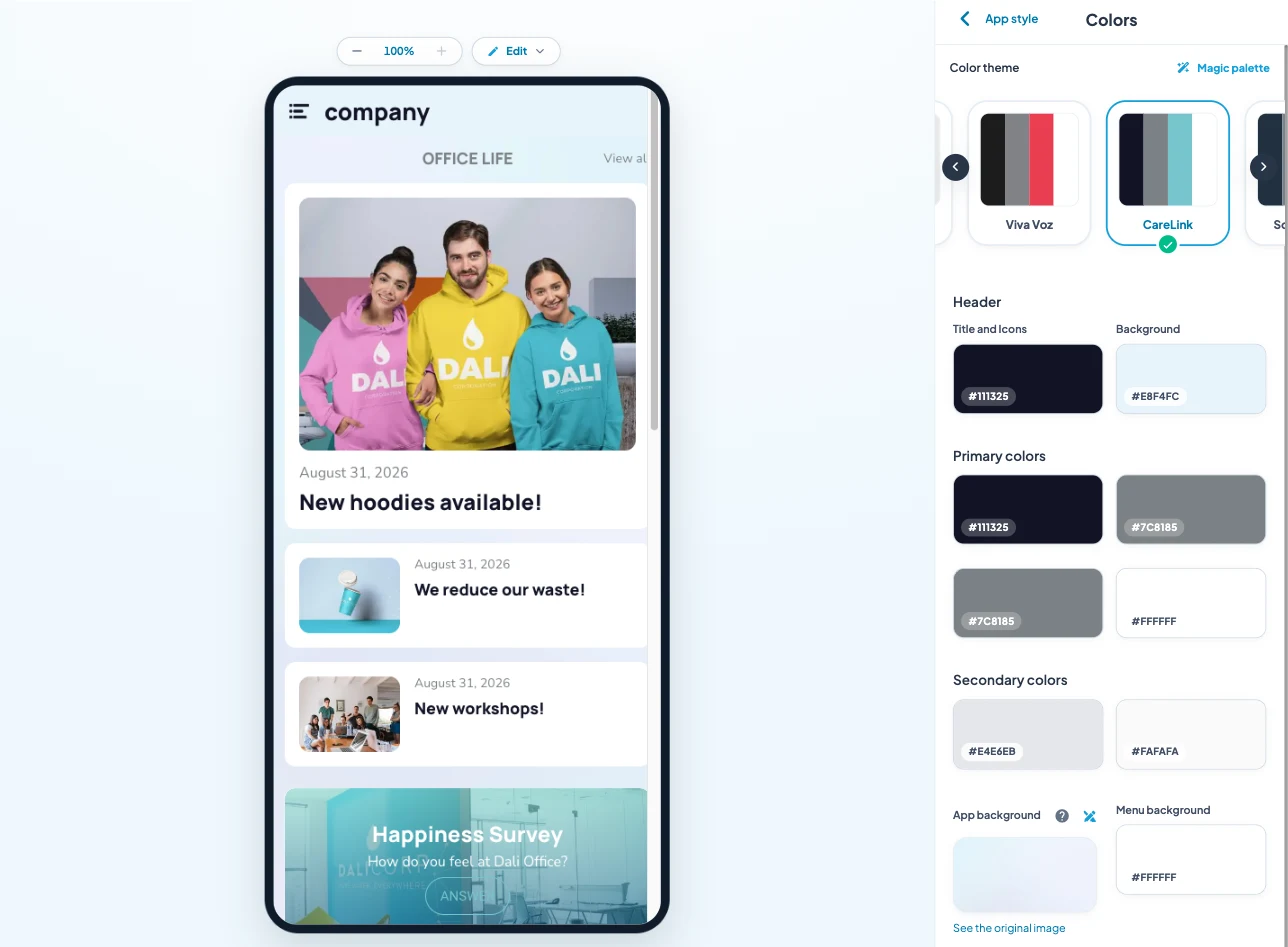 Back-office Maymoune : le réglage des couleurs de l’application avec l’aperçu sur téléphone et les codes couleur de l’en-tête, des couleurs principales et secondaires