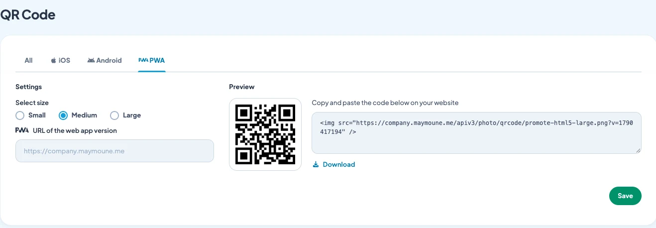 Back-office Maymoune : la page QR Code avec le choix de la version, de la taille, l’aperçu du code et le bouton de téléchargement