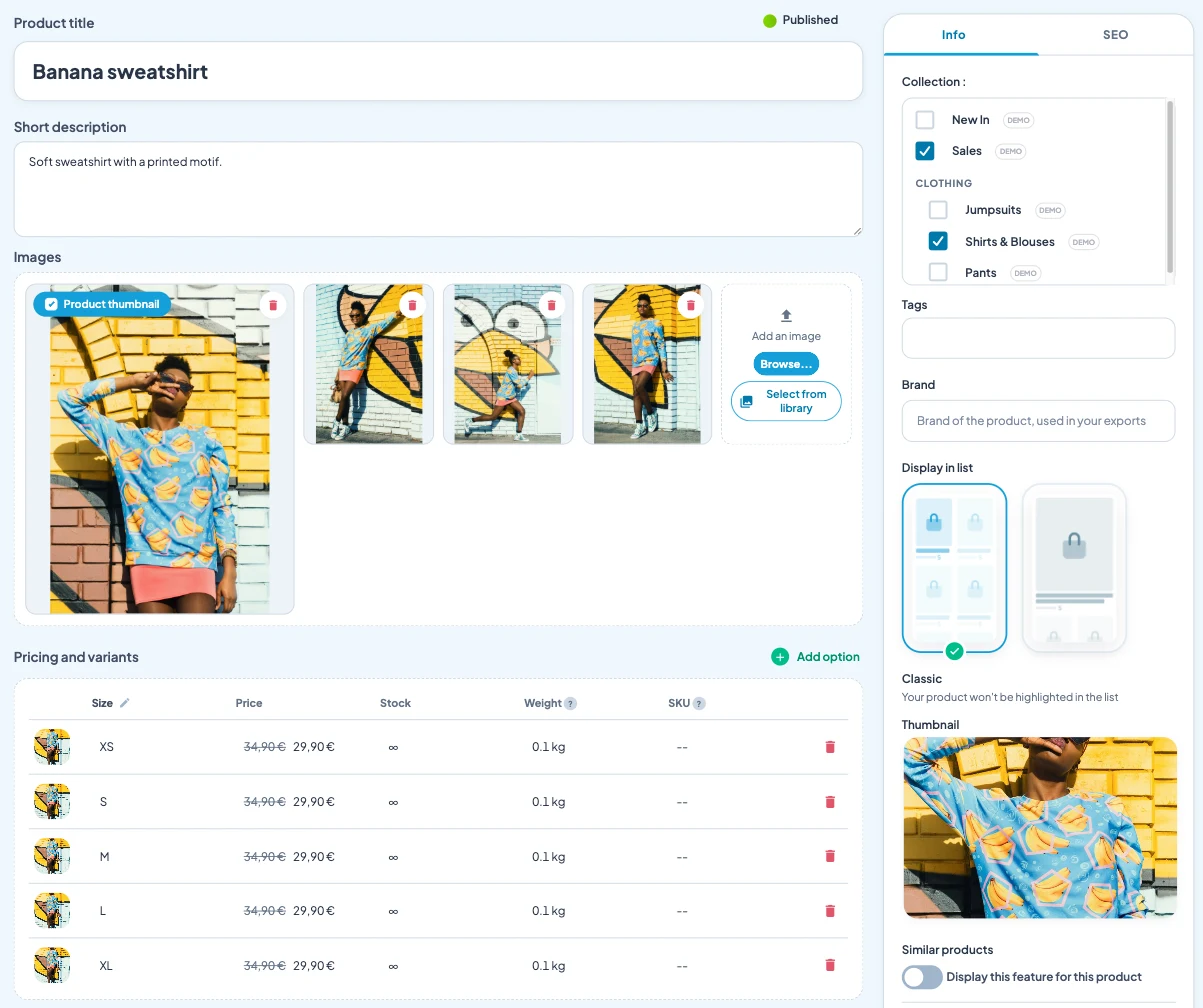 Back-office Maymoune : la fiche d’un sweat avec ses photos, ses collections et ses variantes de taille de XS à XL avec prix, stock, poids et référence