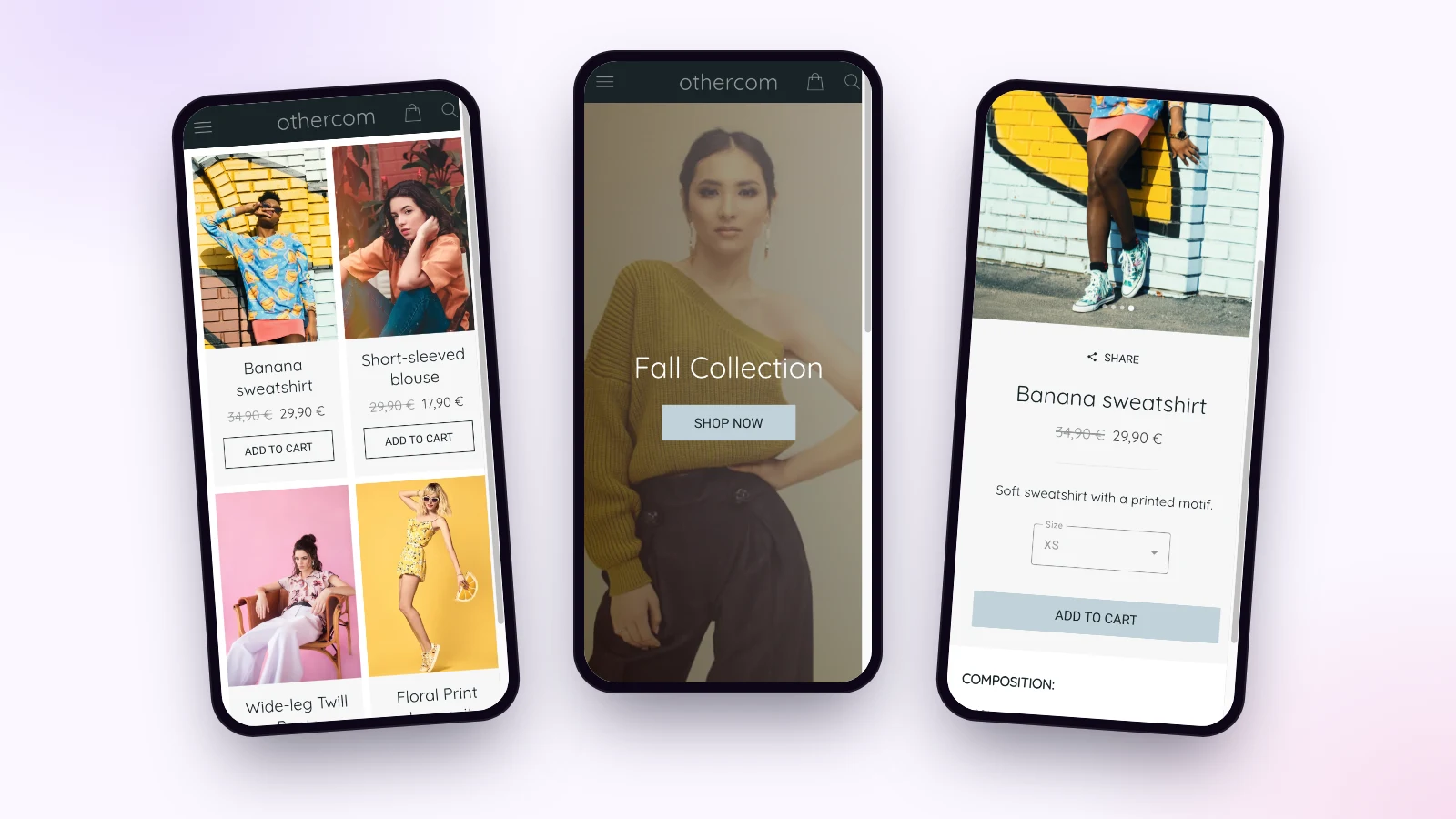 Trois écrans de la démo d’application de boutique de vêtements Maymoune : les soldes avec les prix barrés, l’accueil avec la collection d’automne et la fiche d’un sweat avec le choix de la taille