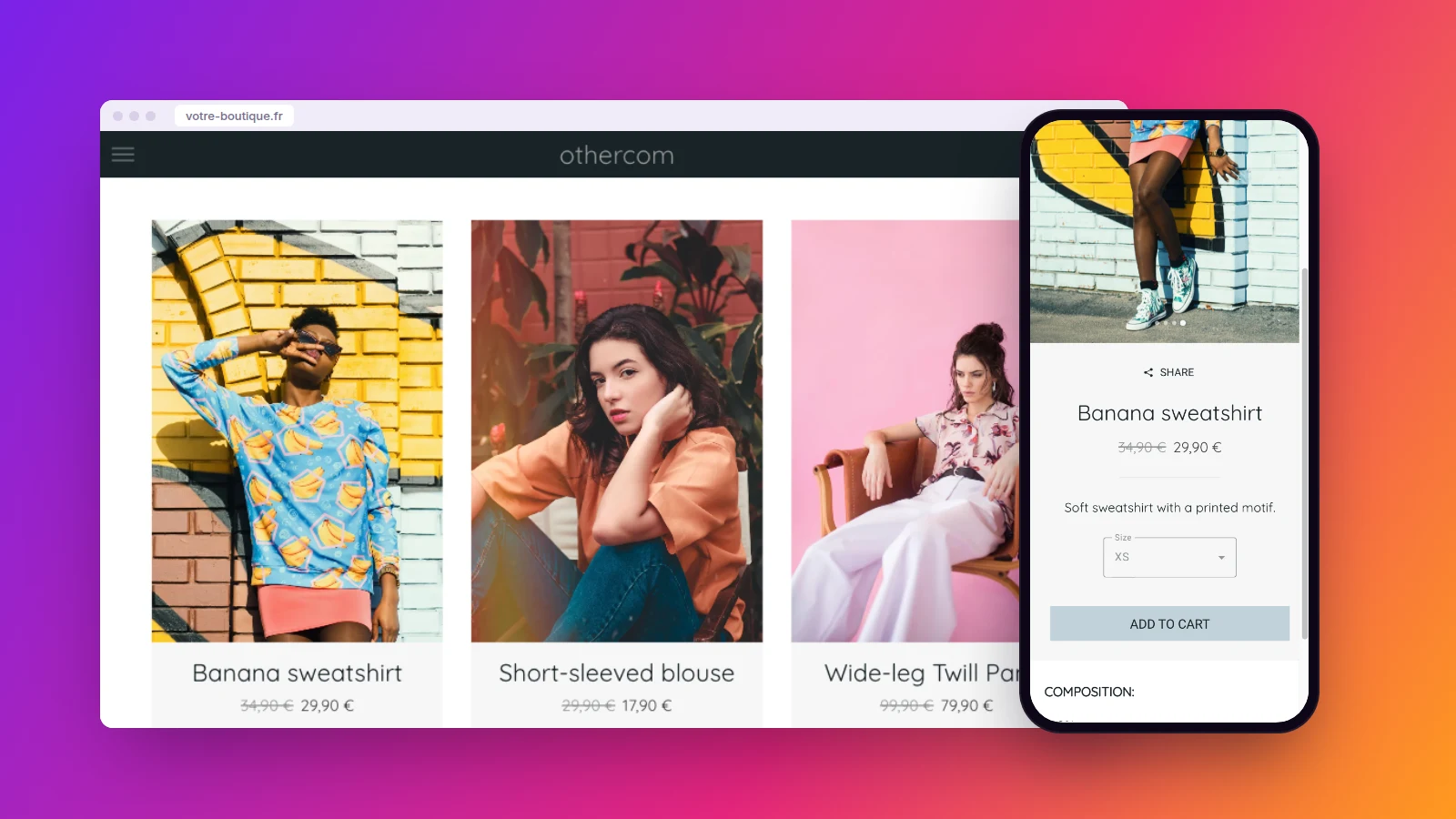 La démo d’application de boutique de vêtements Maymoune sur ordinateur avec les soldes, et sur téléphone la fiche d’un sweat avec le choix de la taille