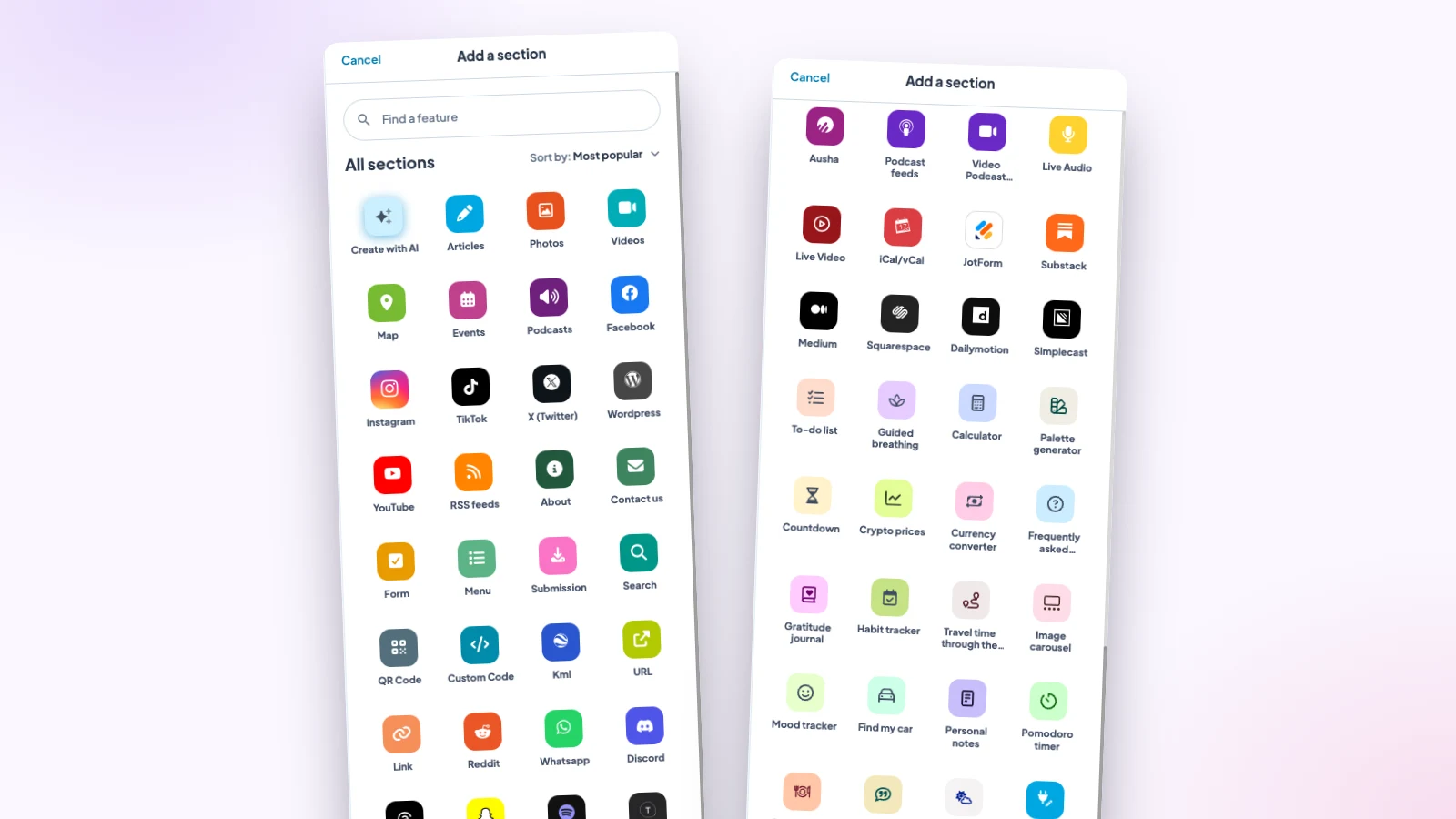 Deux parties du catalogue des rubriques Maymoune : les sources de contenu en haut, puis les podcasts, le direct, l’agenda iCal, Medium, Substack et les outils pratiques comme la minuterie ou la calculatrice