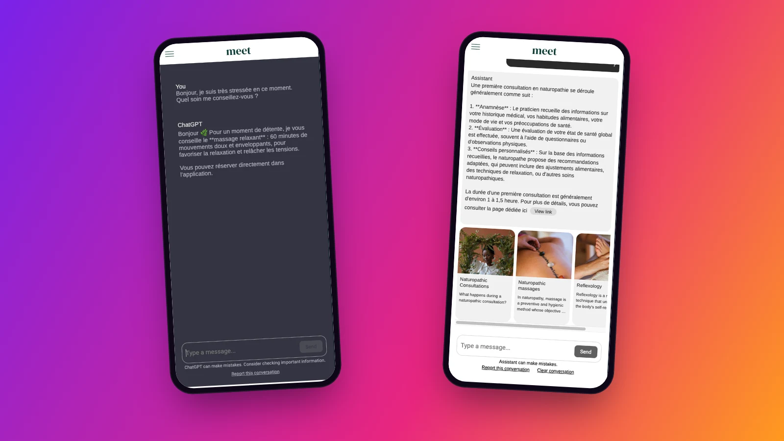 Deux conversations dans une application Maymoune : à gauche l’assistant ChatGPT qui conseille un soin, à droite le chatbot qui répond avec les pages de l’application et affiche ses sources