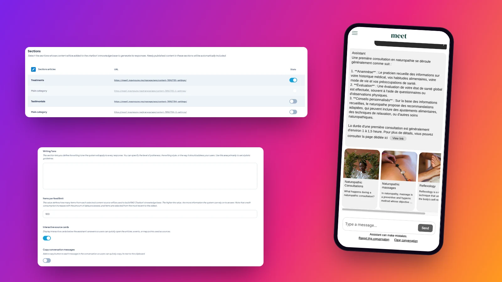 Réglages du chatbot dans le back-office Maymoune, avec le choix des rubriques et le ton des réponses, à côté d’une réponse du chatbot sur un téléphone avec les fiches des pages sources