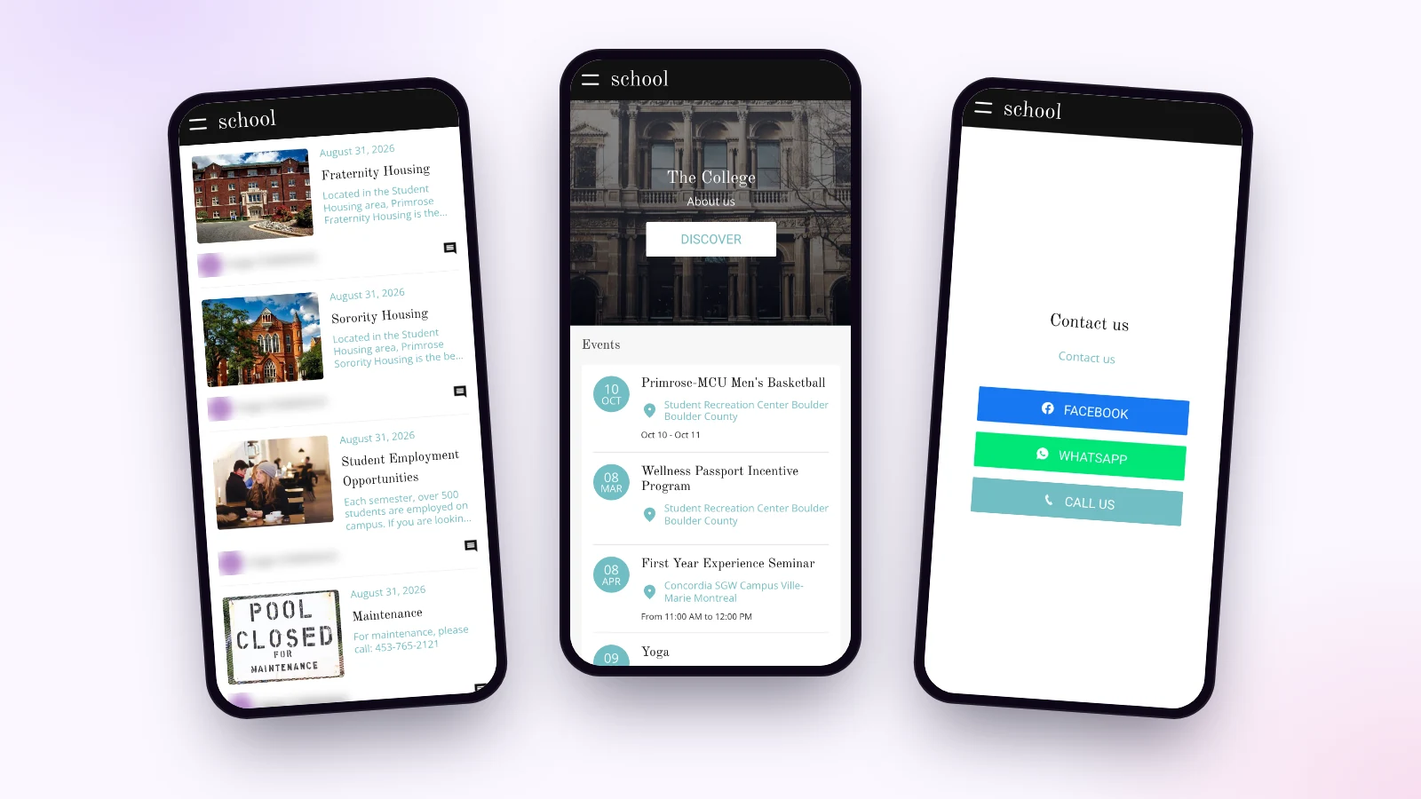 Trois écrans de la démo d’application d’école Maymoune : les actualités de l’établissement, l’accueil avec l’agenda et la page de contact