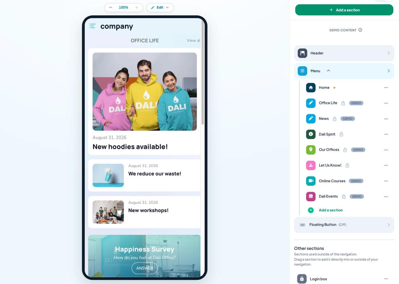Back-office Maymoune : l’écran Structure avec l’aperçu de l’application à gauche et la liste des rubriques du menu à droite