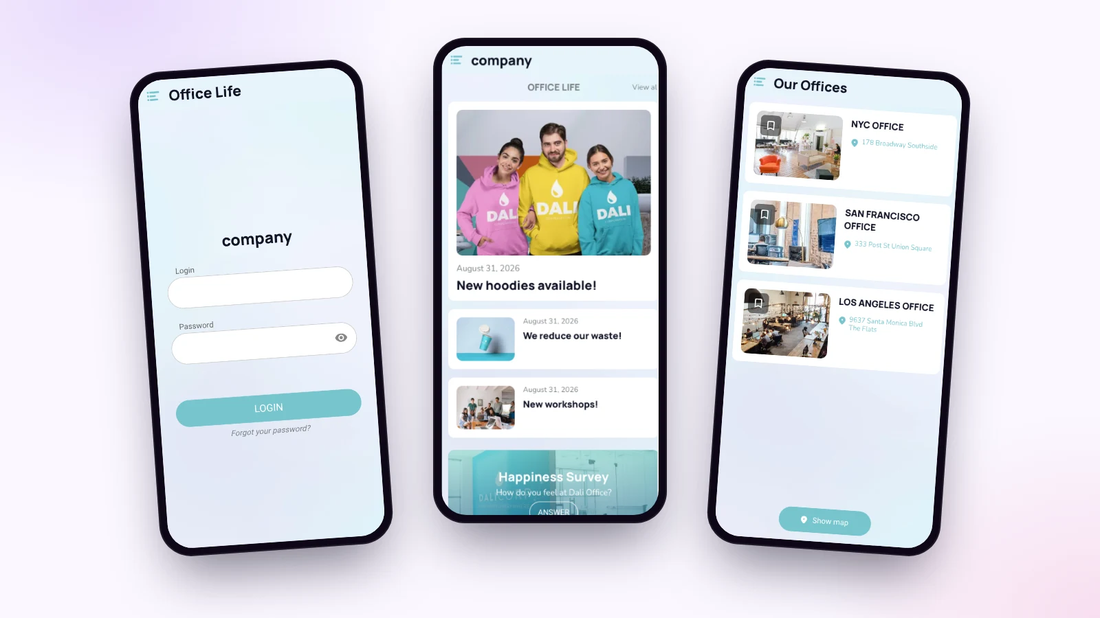 Trois écrans de la démo d’application interne Maymoune : l’écran de connexion, les nouvelles de la vie au bureau et la liste des bureaux