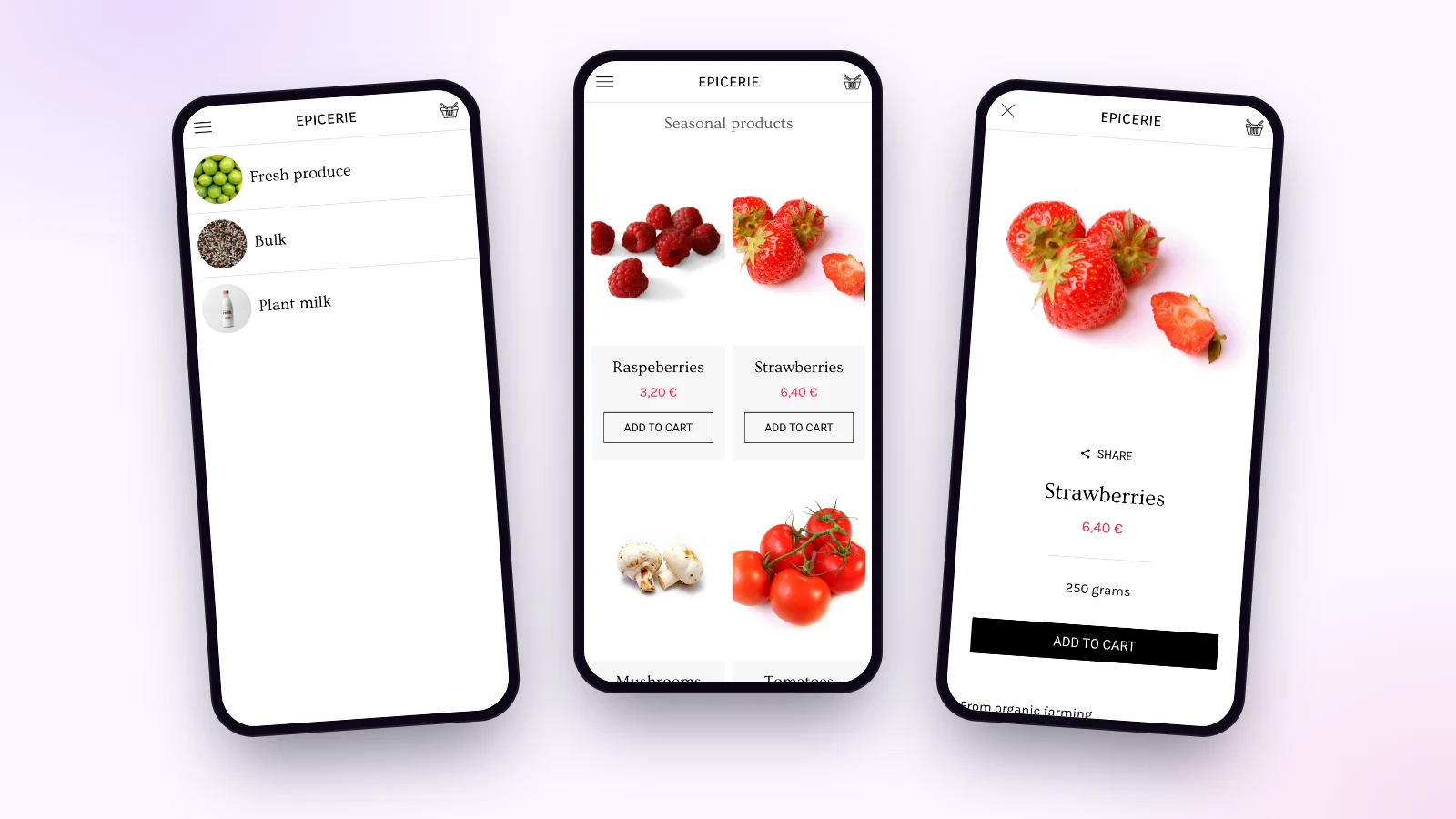 Trois écrans de la démo d’application d’épicerie Maymoune : les rayons, les produits de saison avec leur prix et la fiche d’un produit