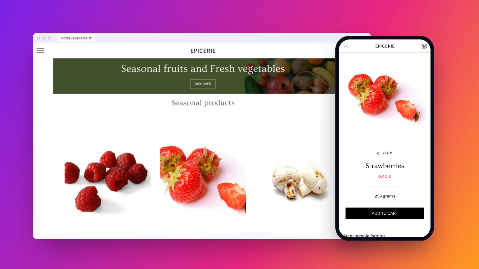 La démo d’application d’épicerie Maymoune sur ordinateur, avec sur téléphone la fiche d’un produit et son bouton d’ajout au panier