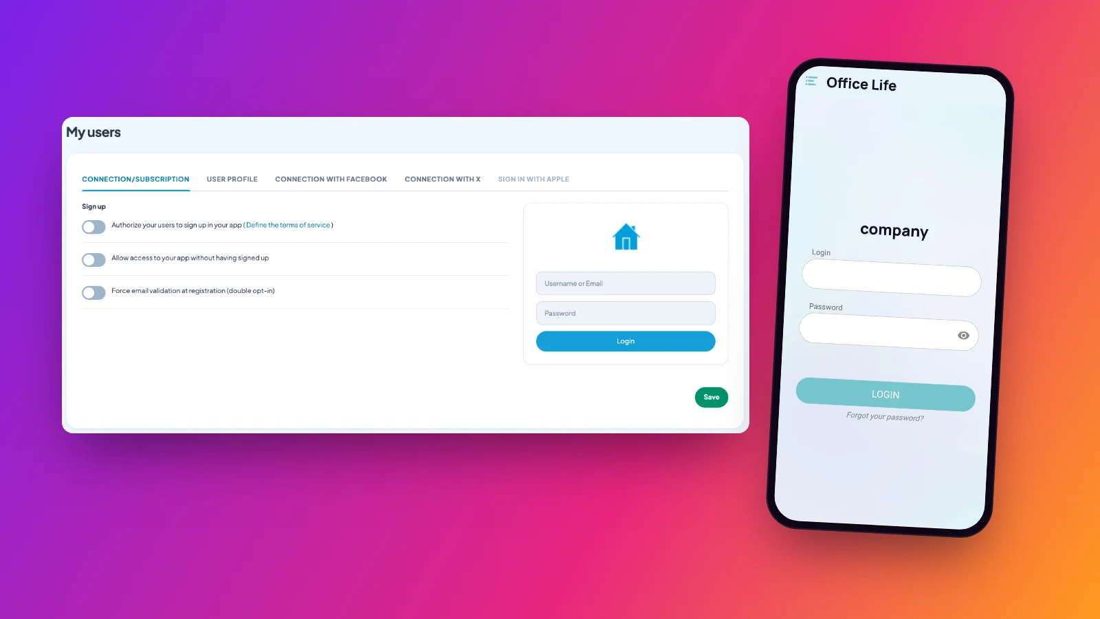 Réglages de connexion et d’inscription dans le back-office Maymoune, à côté de l’écran de connexion de l’application sur un téléphone
