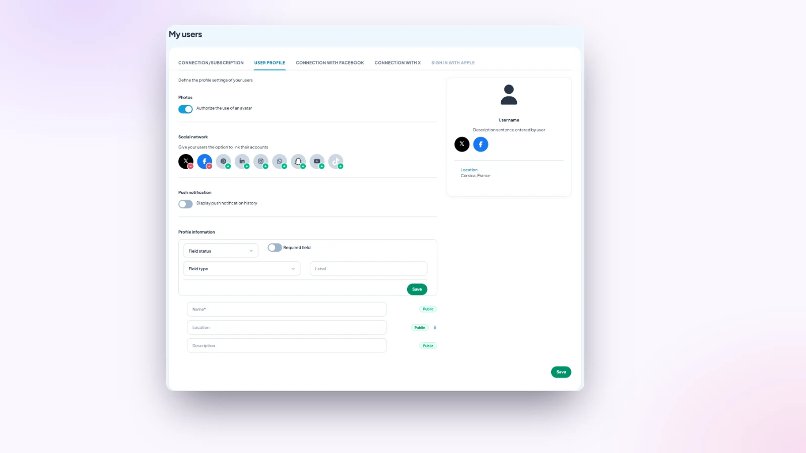 Réglages du profil des membres dans le back-office Maymoune : photo, réseaux sociaux, champs personnalisés et aperçu du profil