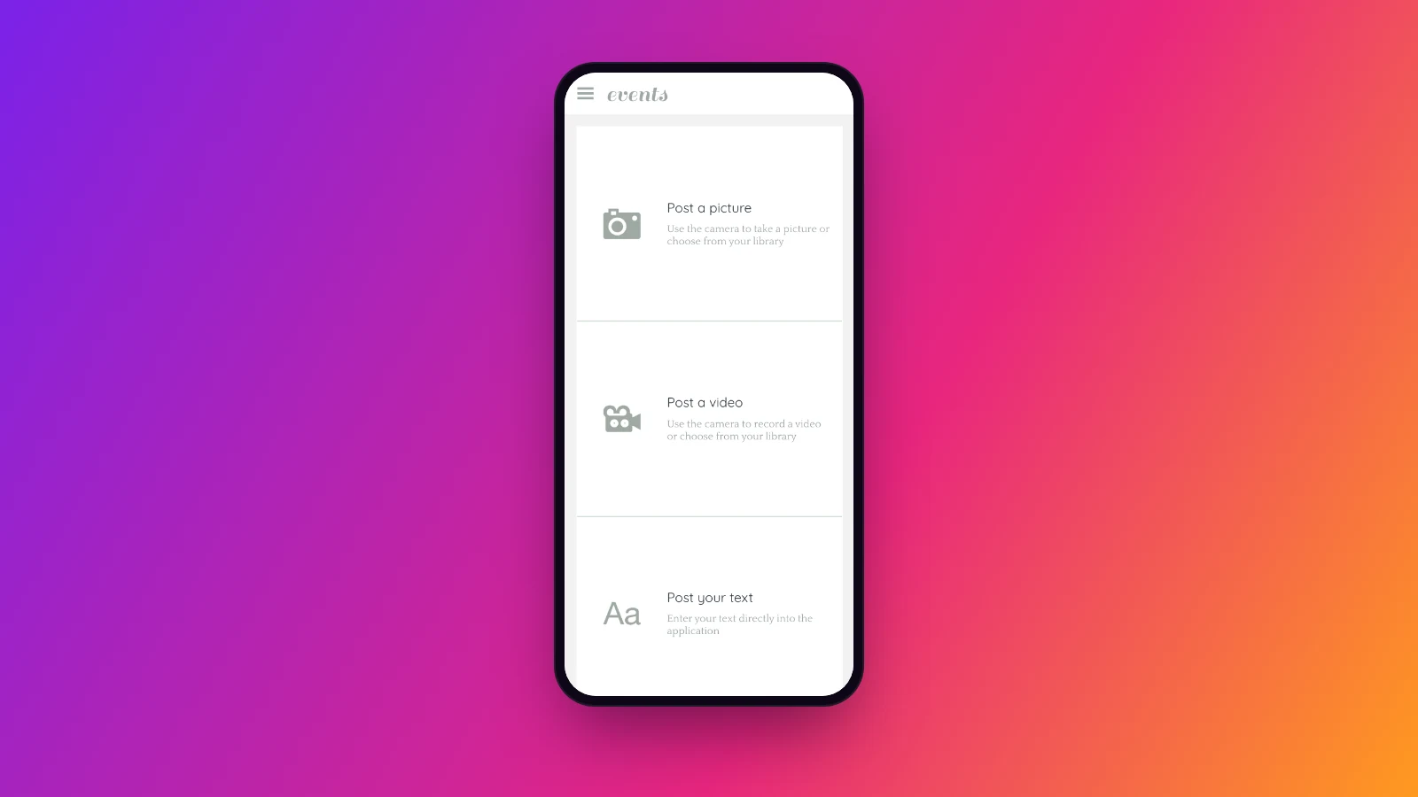 Écran de la démo d’application d’événement Maymoune pour envoyer une photo, une vidéo ou un texte