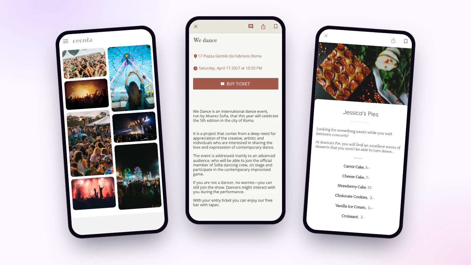 Trois écrans de démos d’application d’événement Maymoune : la galerie de l’édition précédente, la fiche d’un spectacle avec son bouton de billetterie et un stand de restauration