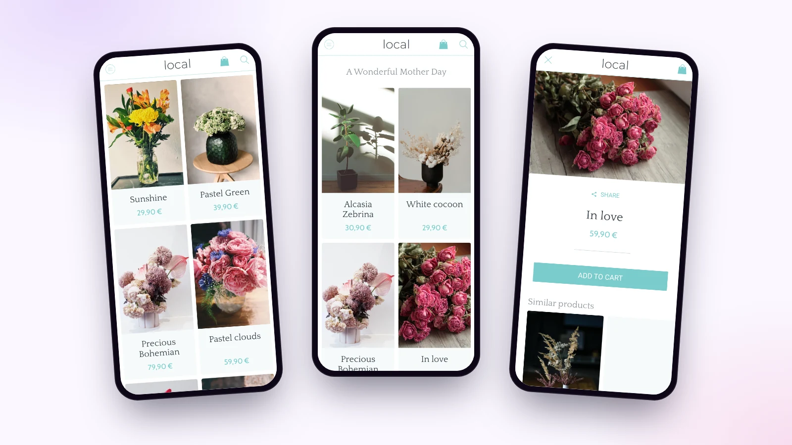 Trois écrans de la démo d’application de fleuriste Maymoune : les bouquets avec leur prix, la sélection de la fête des mères et la fiche d’un bouquet