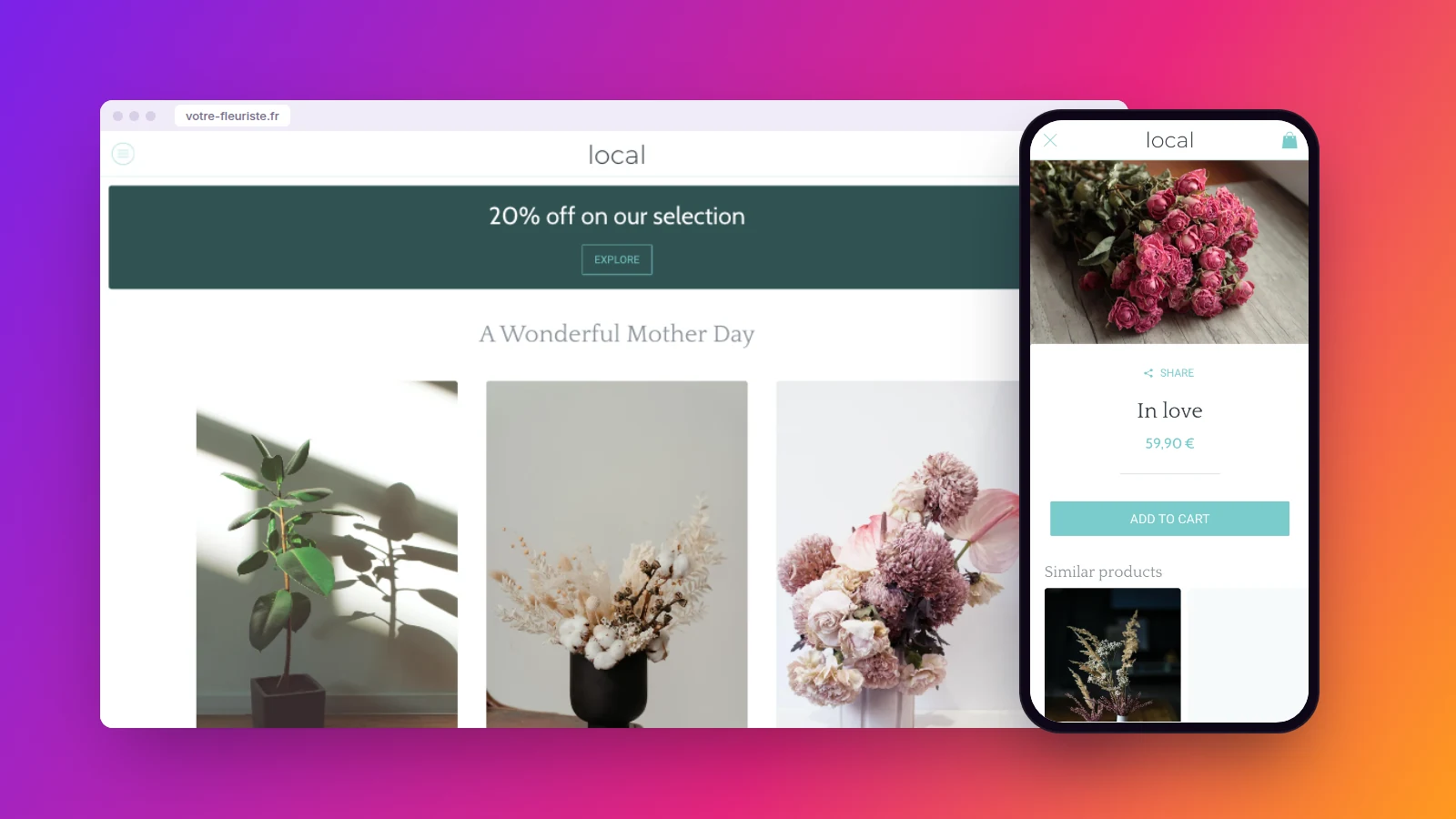 La démo d’application de fleuriste Maymoune sur ordinateur avec une offre de réduction, et sur téléphone la fiche d’un bouquet
