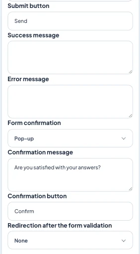 Back-office Maymoune : les réglages d’un formulaire, avec le bouton d’envoi, le message de réussite, le message d’erreur, la confirmation et la redirection après validation