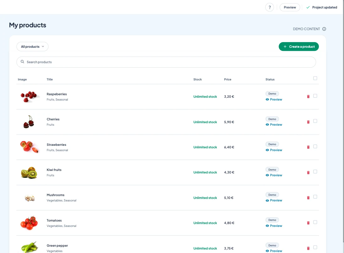 Maymoune back office of the grocery demo: the product list with images, stock, prices and status
