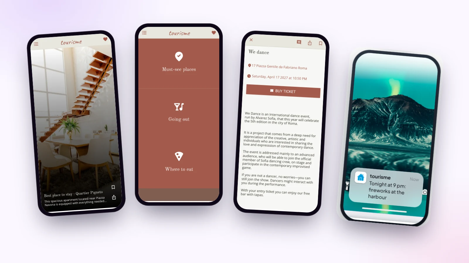 Four screens from the Maymoune tourism demo: accommodation in photos, a guide with places to see, going out and restaurants, an event and a notification received on a phone