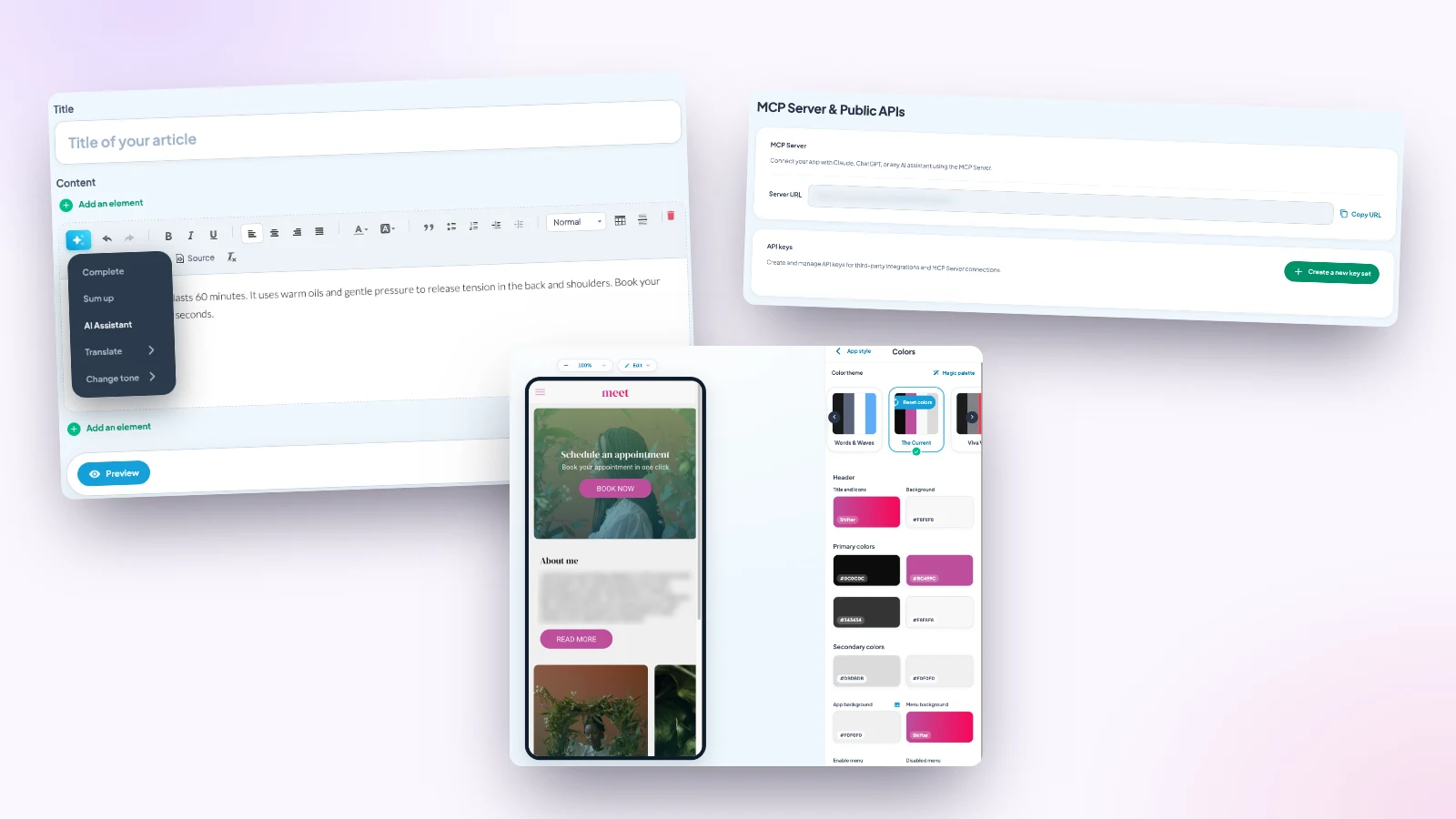 Trois écrans du back-office Maymoune : l’assistant IA dans l’éditeur, la page du serveur MCP et la palette magique des couleurs