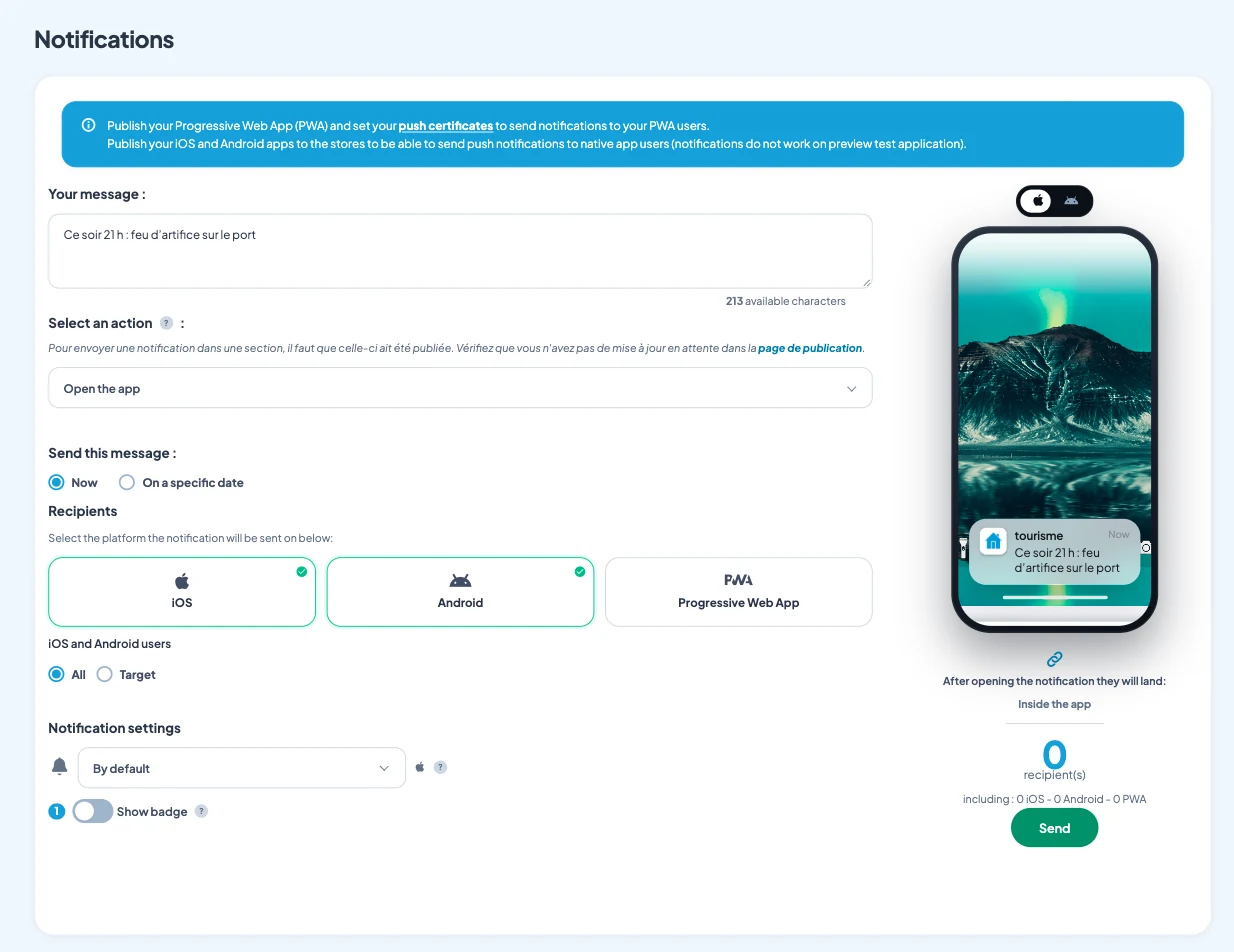 Écran du back-office Maymoune pour envoyer une notification : le message, l’action à l’ouverture, la date d’envoi, les plateformes et l’aperçu sur téléphone