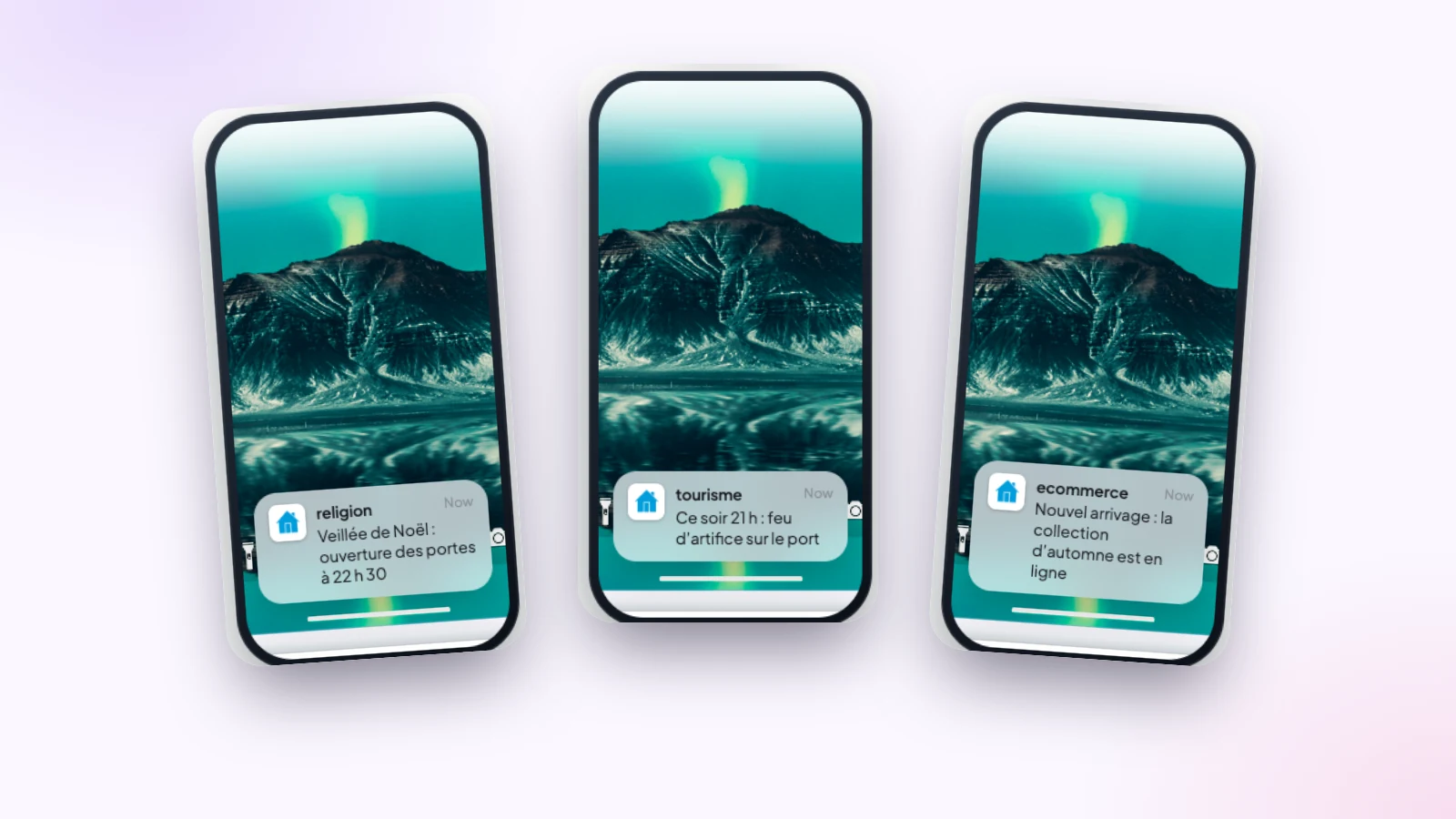 Trois notifications push affichées sur un téléphone, dans trois démos Maymoune : une paroisse, un office de tourisme et une boutique