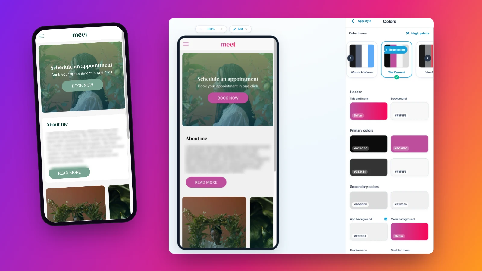 La même application Maymoune avant et après la palette magique : une version verte à gauche, une version rose et noire à droite, avec l’écran des couleurs du back-office