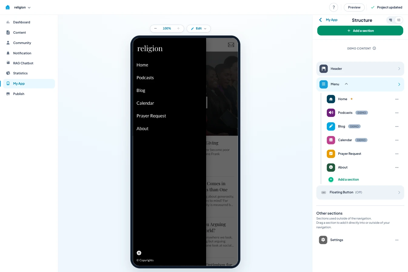 Back-office Maymoune de la démo d’application d’église : la structure des rubriques à droite et l’aperçu du menu dans le téléphone