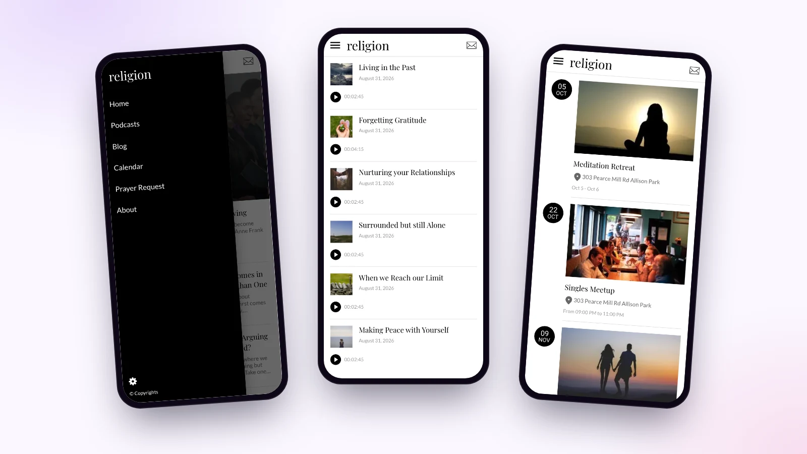 Trois écrans de la démo d’application d’église Maymoune : le menu, la liste des enseignements audio et l’agenda des rencontres