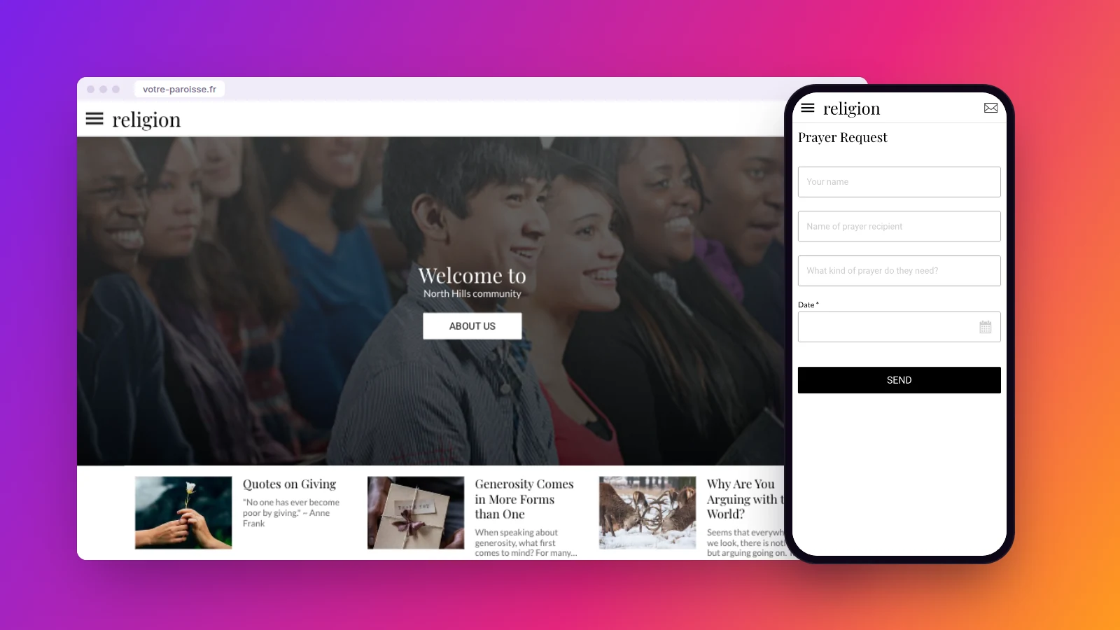 La démo d’application d’église Maymoune affichée sur ordinateur, avec sur téléphone le formulaire d’intention de prière