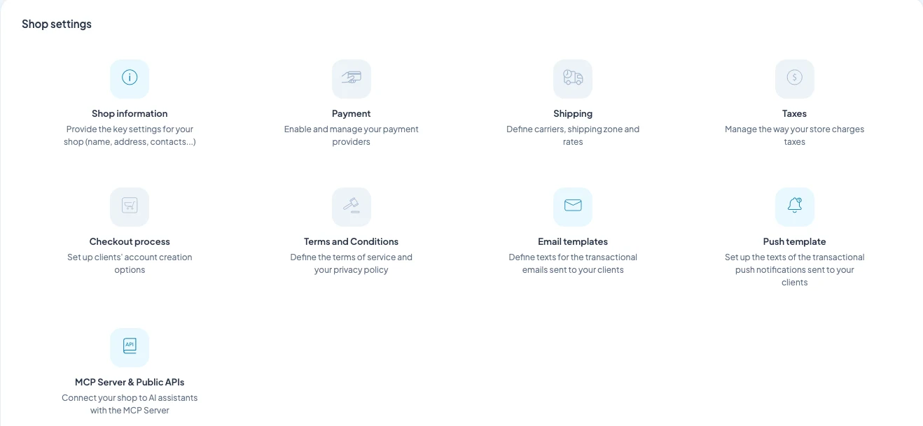Back-office Maymoune : les réglages de la boutique, avec le paiement, la livraison, les taxes, le parcours de commande, les emails et les notifications envoyés aux clients