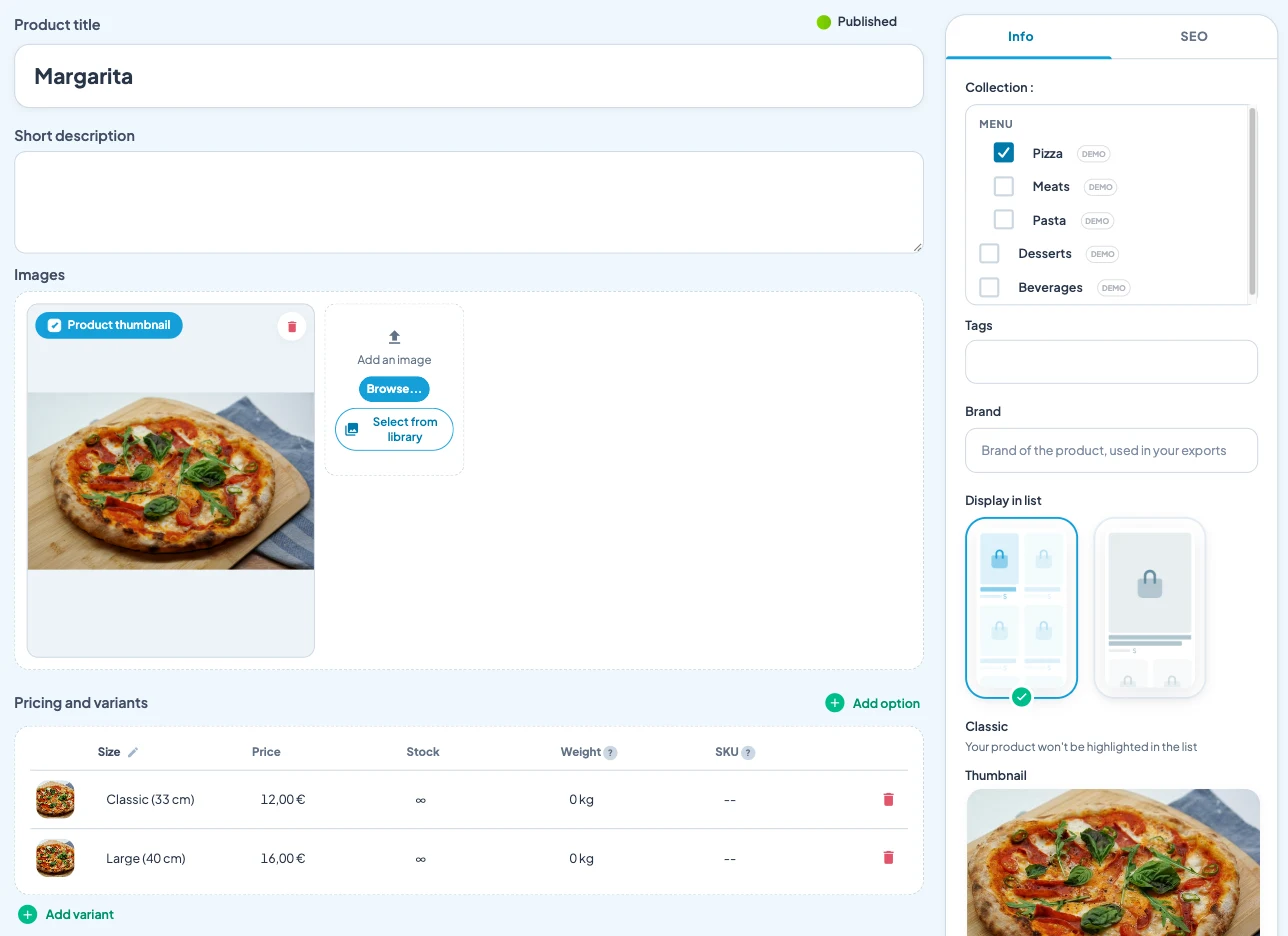 Back-office Maymoune : la fiche d’une pizza Margarita avec sa photo, sa rubrique Pizza et deux tailles, 33 cm à 12 euros et 40 cm à 16 euros