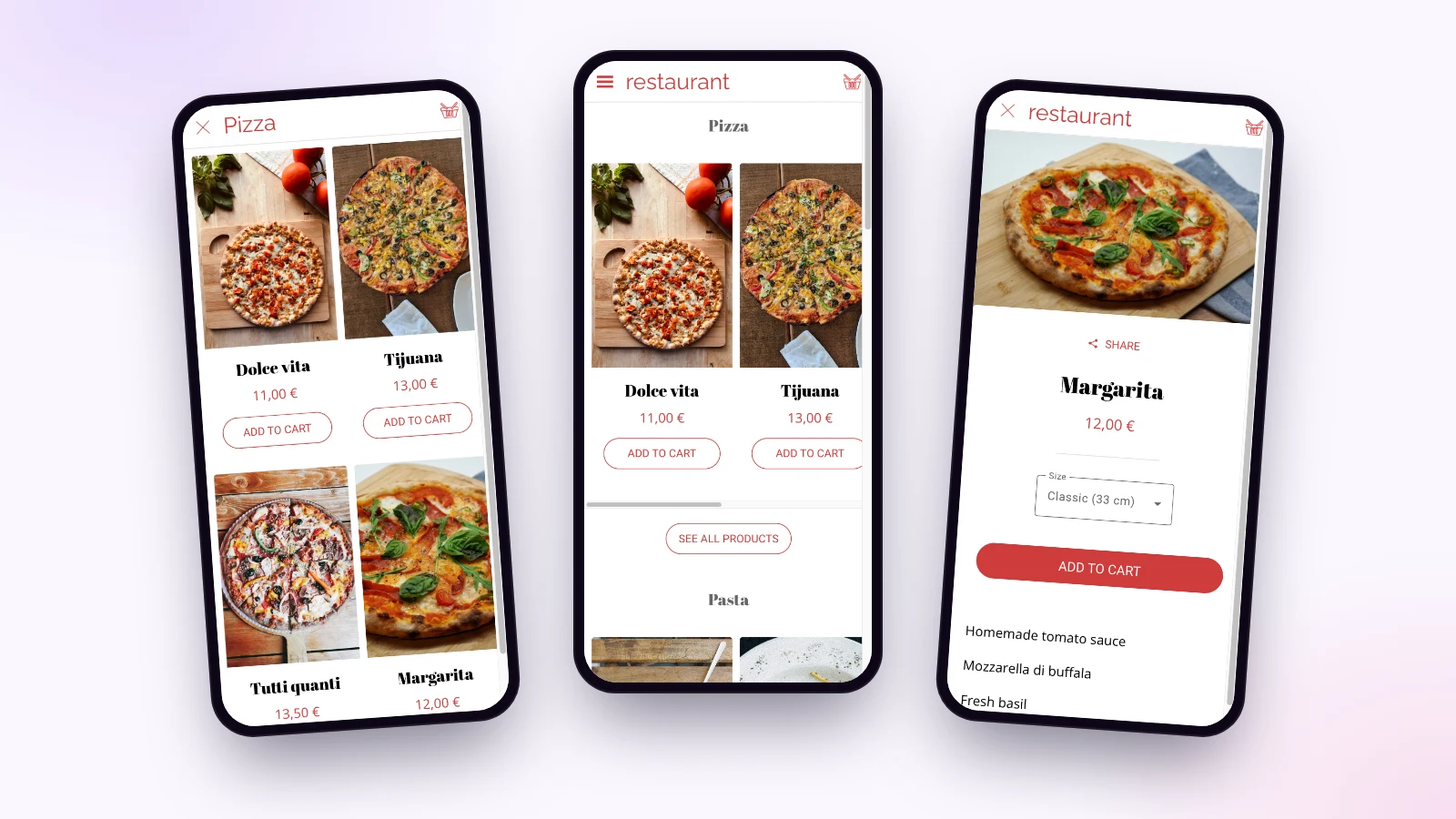 Trois écrans de la démo d’application de pizzeria Maymoune : la liste des pizzas avec leur prix, l’accueil avec la carte et la fiche d’une Margarita avec le choix de la taille